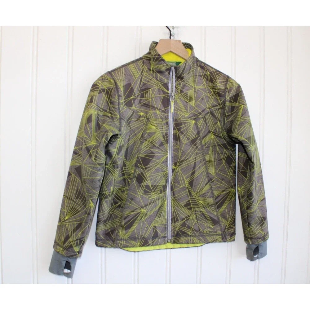 LL Bean Boys Size M 10-12 Fleece Lined Nylon Full Zip Gray Green Coat Jacket